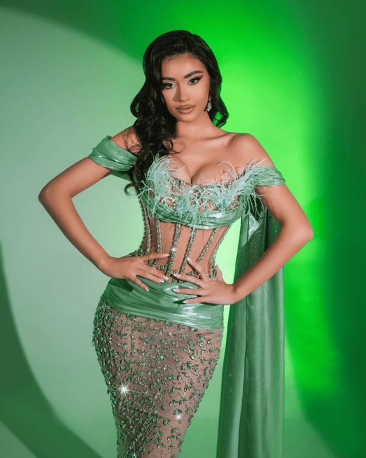 Reyda Green Long Sleeveless Dress with Cape and Feathers - BLINI