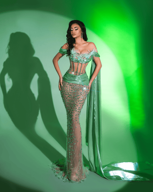 Reyda Green Long Sleeveless Dress with Cape and Feathers - BLINI