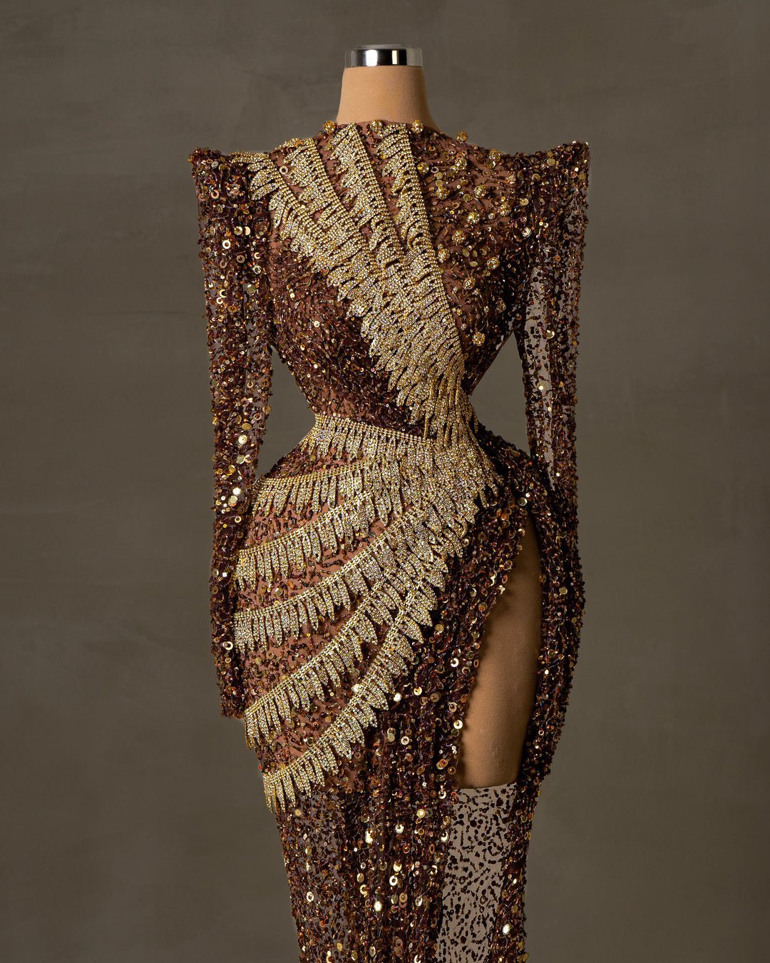 Rezify Brown Dress with Sequins and Gold Details - BLINI