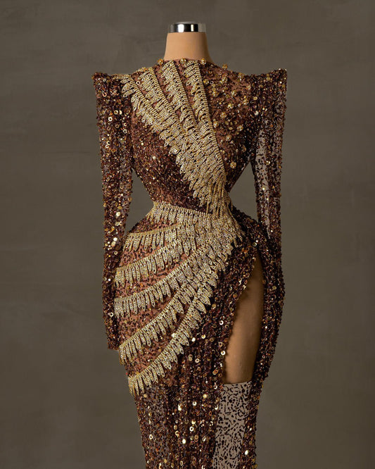 Rezify Brown Dress with Sequins and Gold Details - BLINI