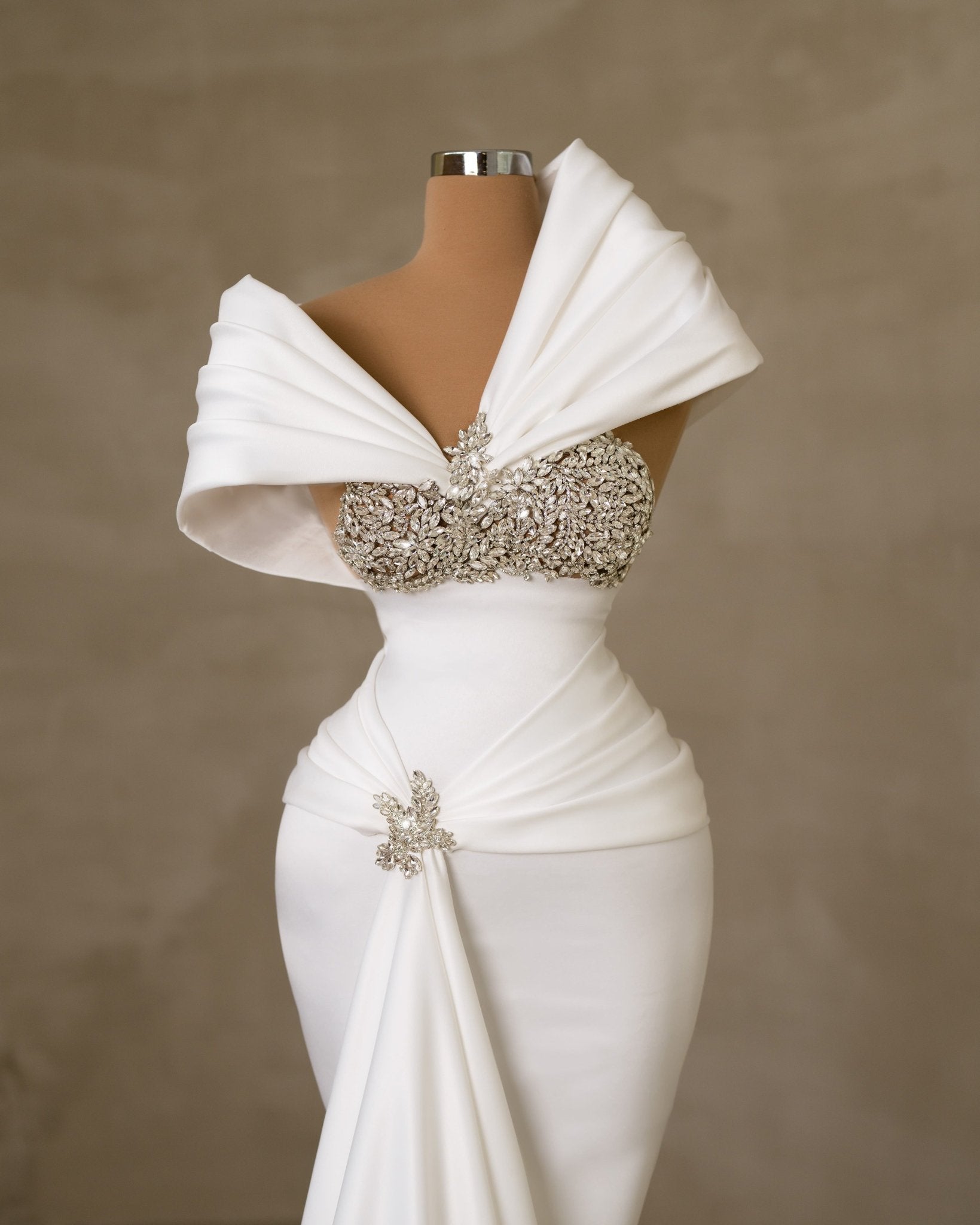 Rionna Asymmetrical Neckline Bridal Dress Embellished with Stones - BLINI