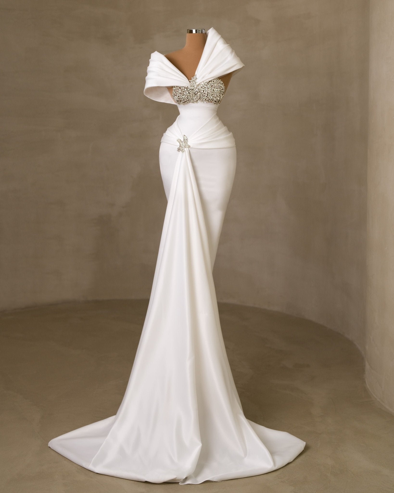 Rionna Asymmetrical Neckline Bridal Dress Embellished with Stones - BLINI
