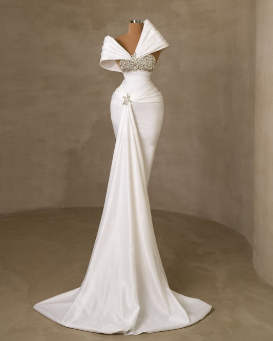 Rionna Asymmetrical Neckline Bridal Dress Embellished with Stones - BLINI