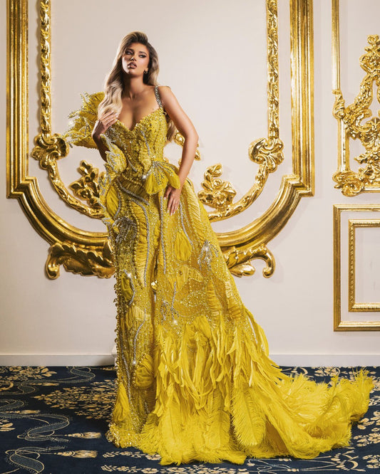 Risiola Yellow Dress with Beads and Feathers - BLINI
