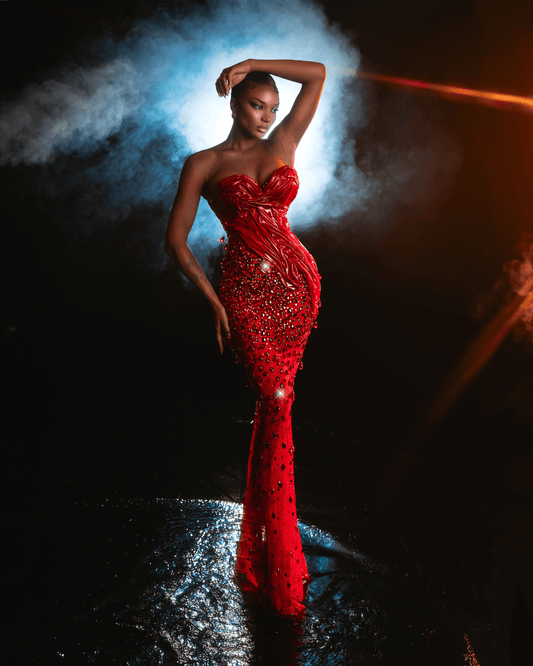 Roesa Long Dress with Metallic Leather and Flowers - BLINI