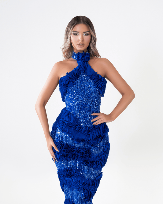 Ronese Blue Sleeveless Dress with Crystals and Halter Neckline - BLINI