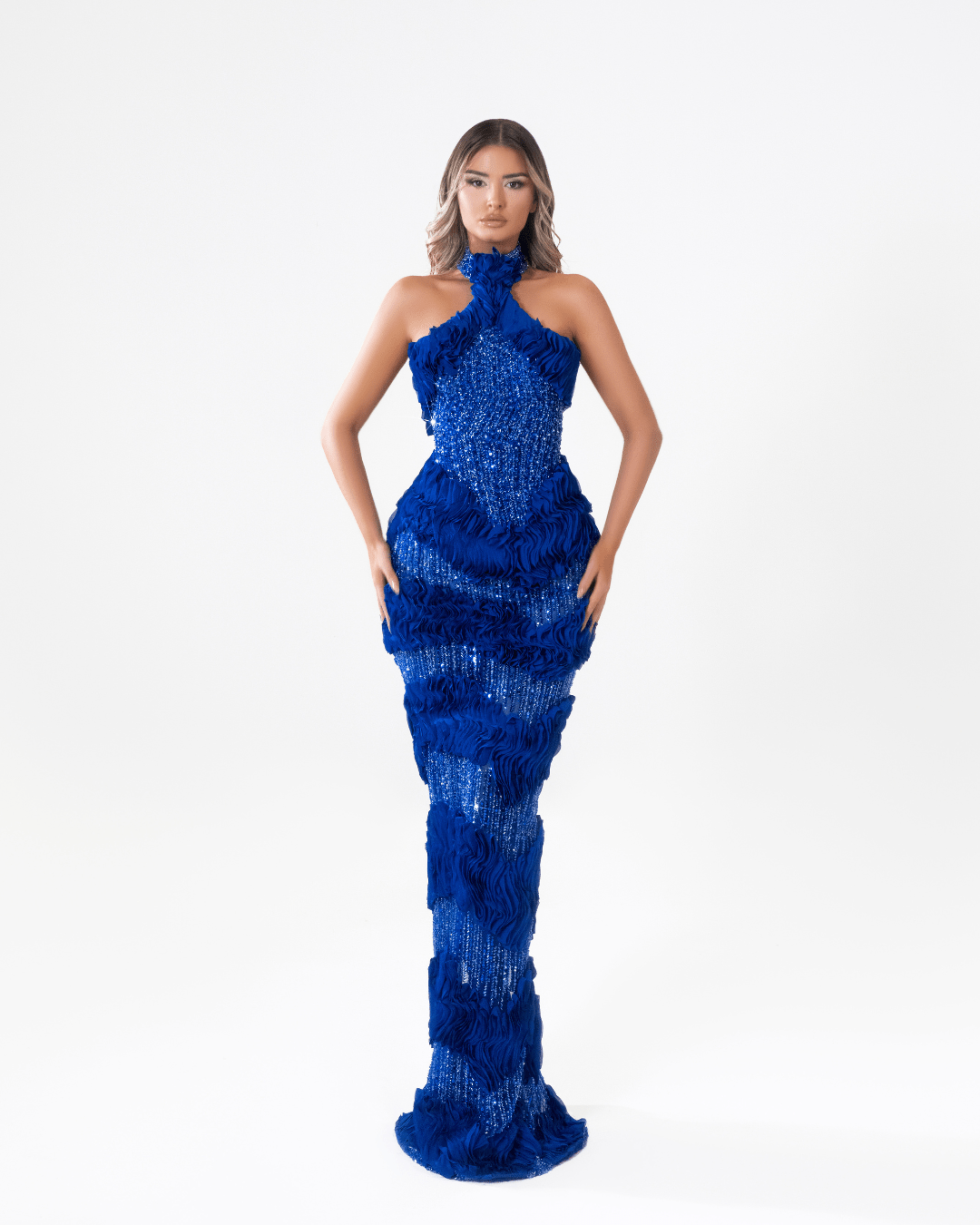 Ronese Blue Sleeveless Dress with Crystals and Halter Neckline - BLINI
