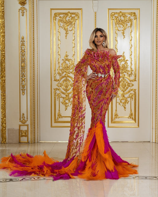 Rosamund Cape Dress Embellished with Beads and Feathers - BLINI