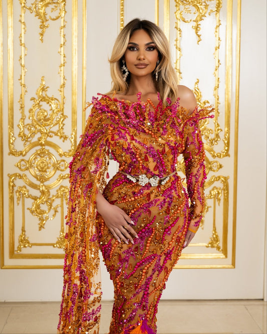 Rosamund Cape Dress Embellished with Beads and Feathers - BLINI