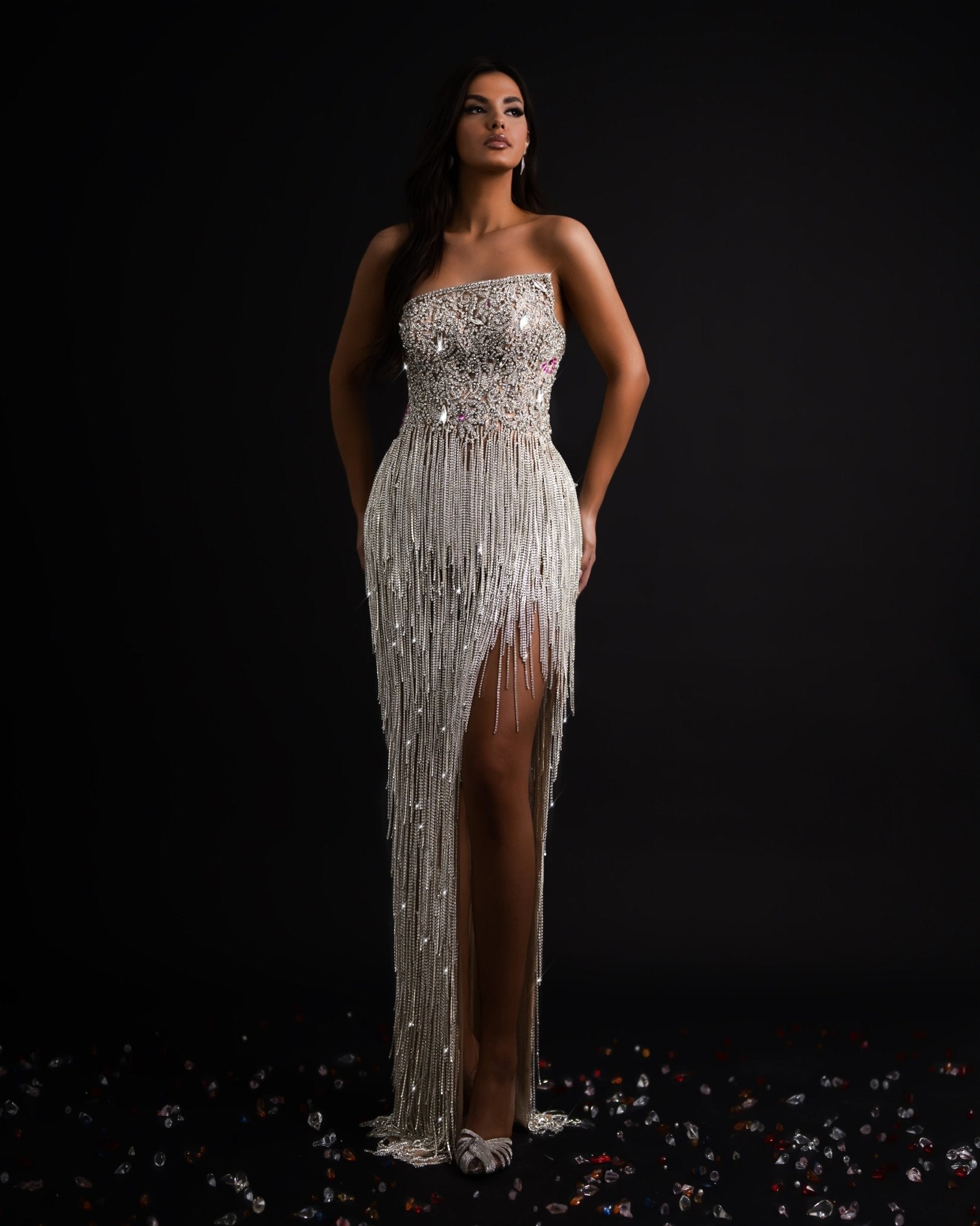 Rózsa Silver Tassels Dress with Stones - BLINI