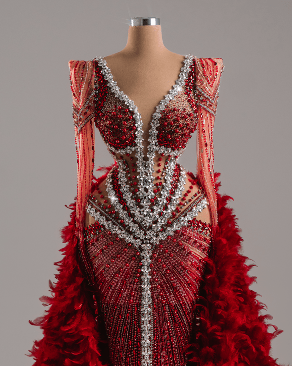 Rubyn Red Dress with Crystals and Cape - BLINI