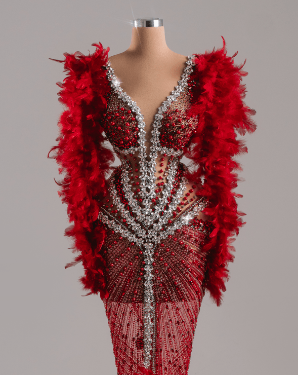 Rubyn Red Dress with Crystals and Cape - BLINI