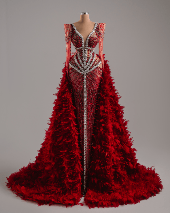 Rubyn Red Dress with Crystals and Cape - BLINI