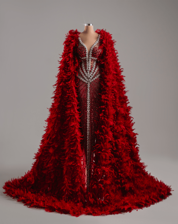 Rubyn Red Dress with Crystals and Cape - BLINI
