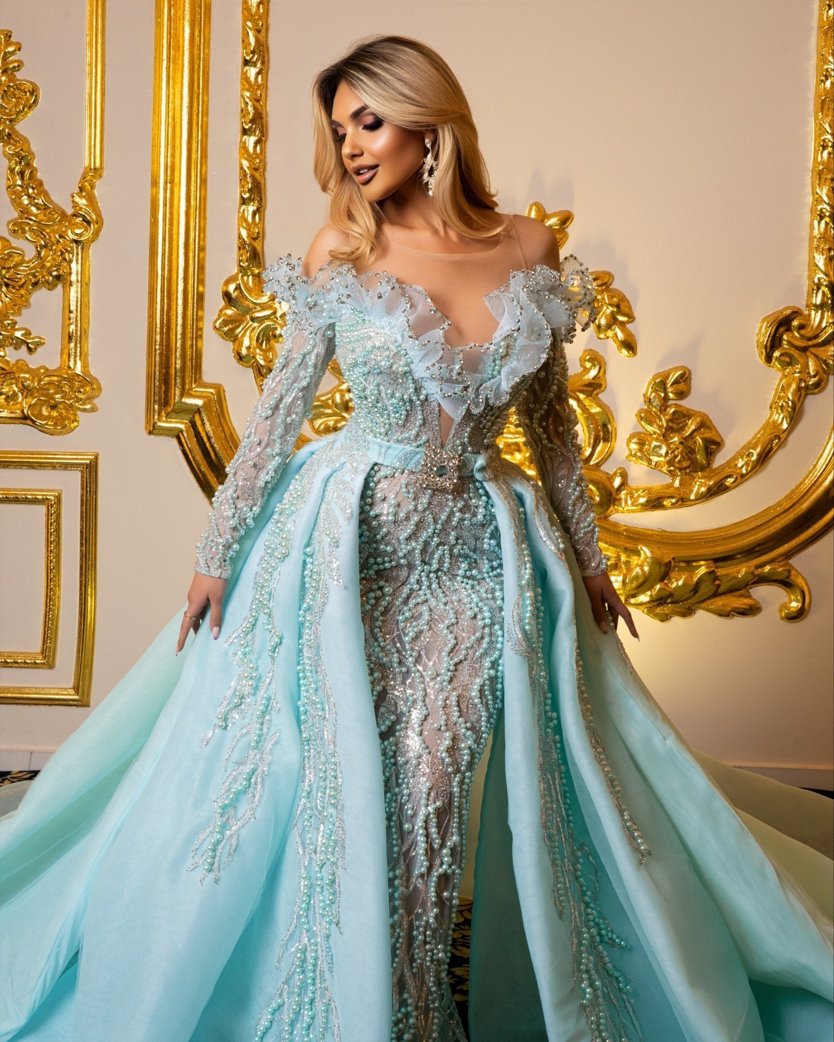 Sarielle Off Shoulder Dress with Pearls and Overskirt - BLINI