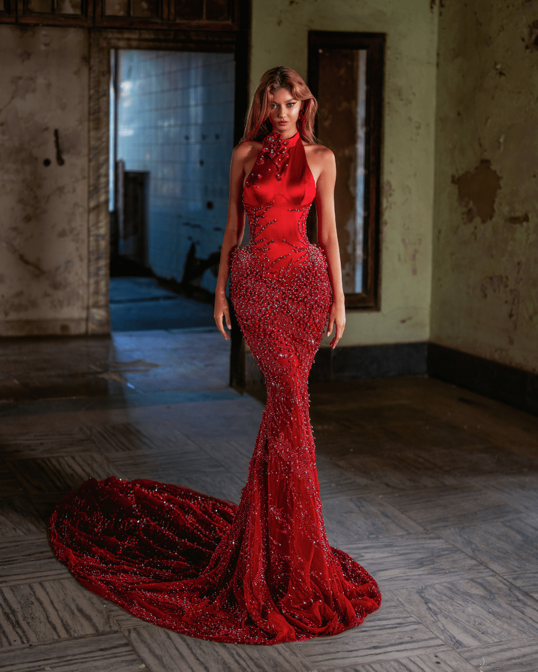 Scaresa Red Mermaid Sleeveless Dress with Crystals and Flowers - BLINI