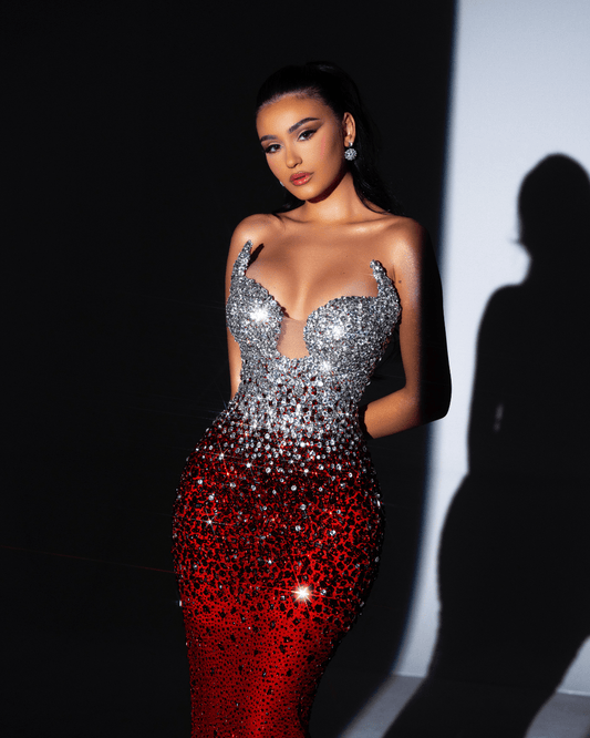 Scarlina Sleeveless Red and Silver Dress with Crystals - BLINI