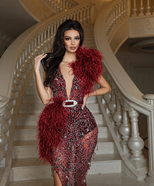 Selena Glamorous Stone and Feather - Embellished Dress - BLINI