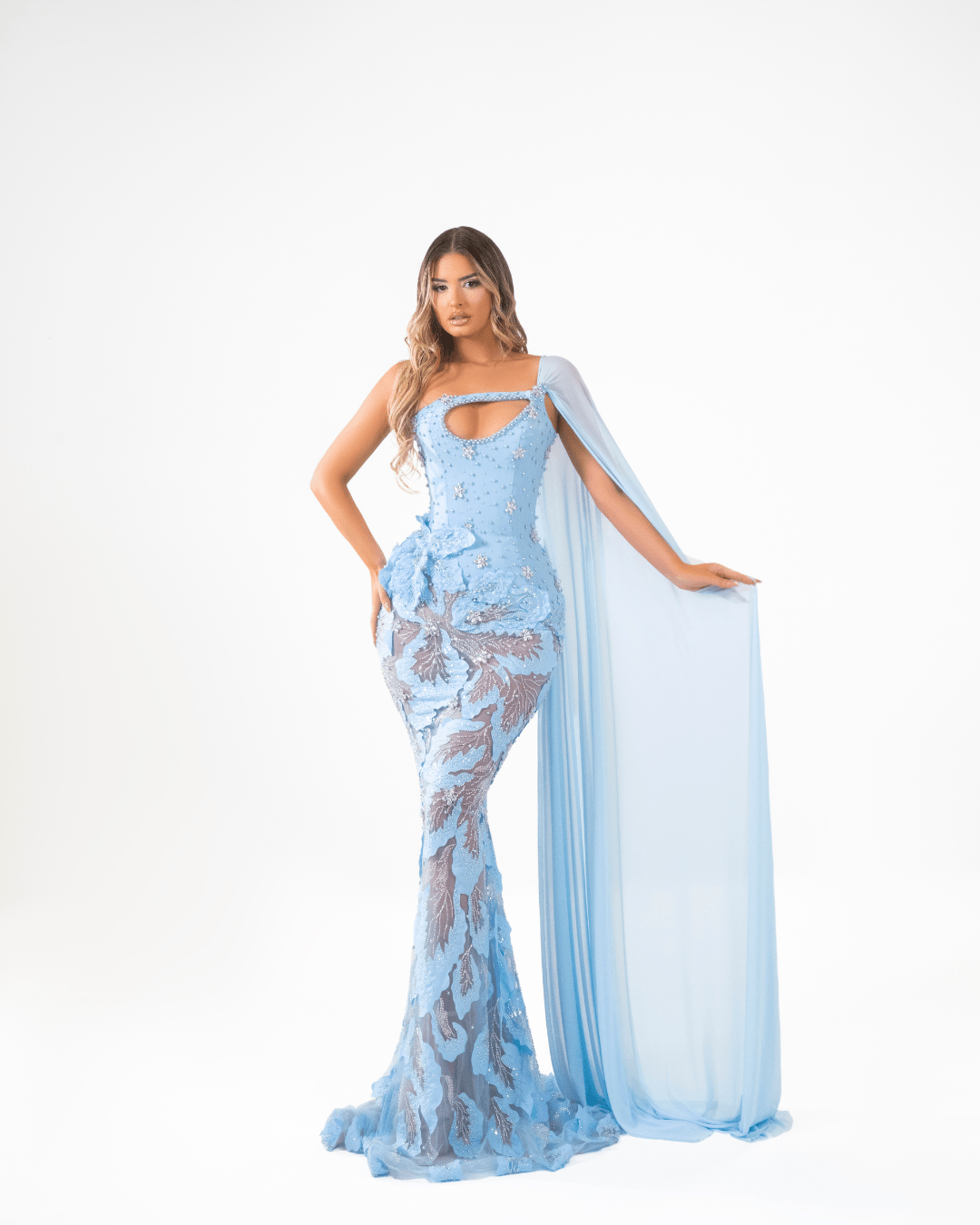 Seline Blue Long Sleeveless Dress with Pearls and Side Cape - BLINI
