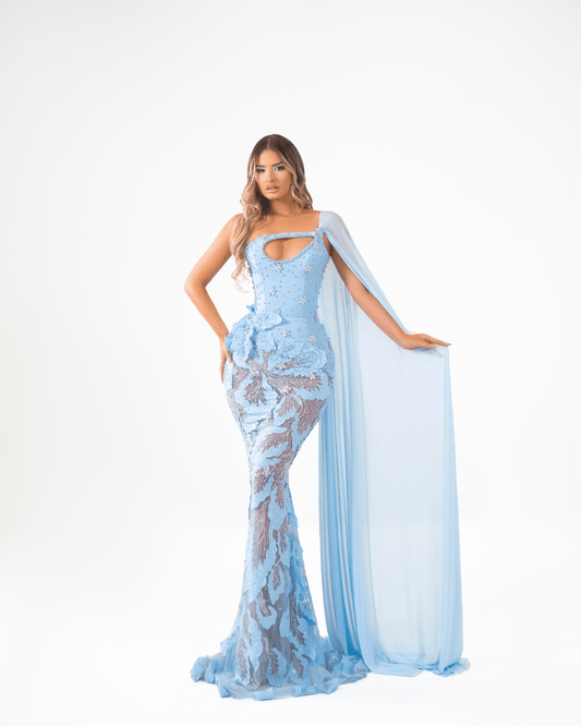 Seline Blue Long Sleeveless Dress with Pearls and Side Cape - BLINI