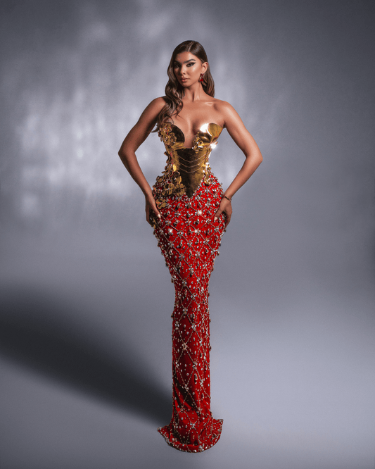 Senya Red Sleeveless Dress with Crystals and Flowers - BLINI