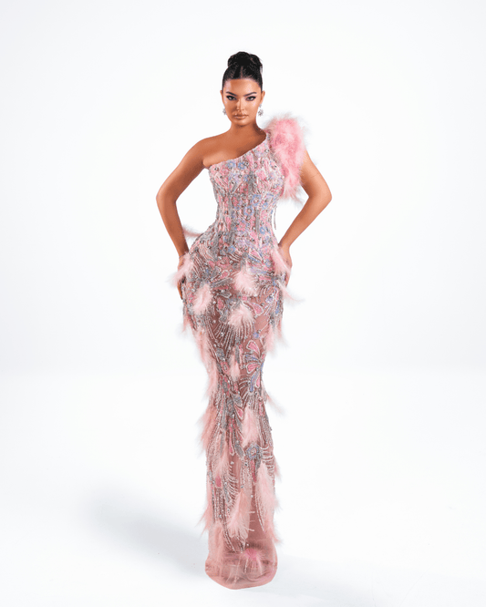 Siare Pink Long Sleeveless Dress with Crystals and Feathers - BLINI