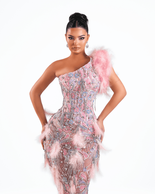 Siare Pink Long Sleeveless Dress with Crystals and Feathers - BLINI