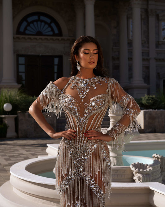 Sil Silver Dress Embellished with Stones and Tassels - BLINI