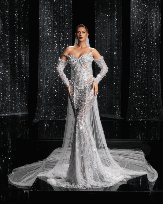 Silvia Bridal Dress with Pearls and Long Sleeves - BLINI