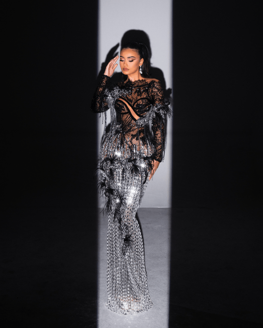 Sonya Black and Silver Long Dress with Crystals - BLINI