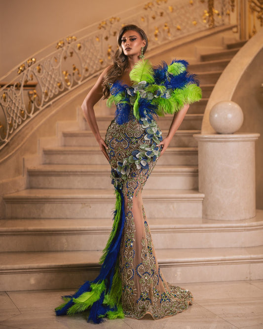 Stelliana Blue and Green Dress with Stones and Feathers - BLINI