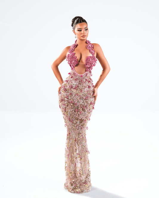 Suele Pink Long Sleeveless Dress with Crystals and Feathers - BLINI