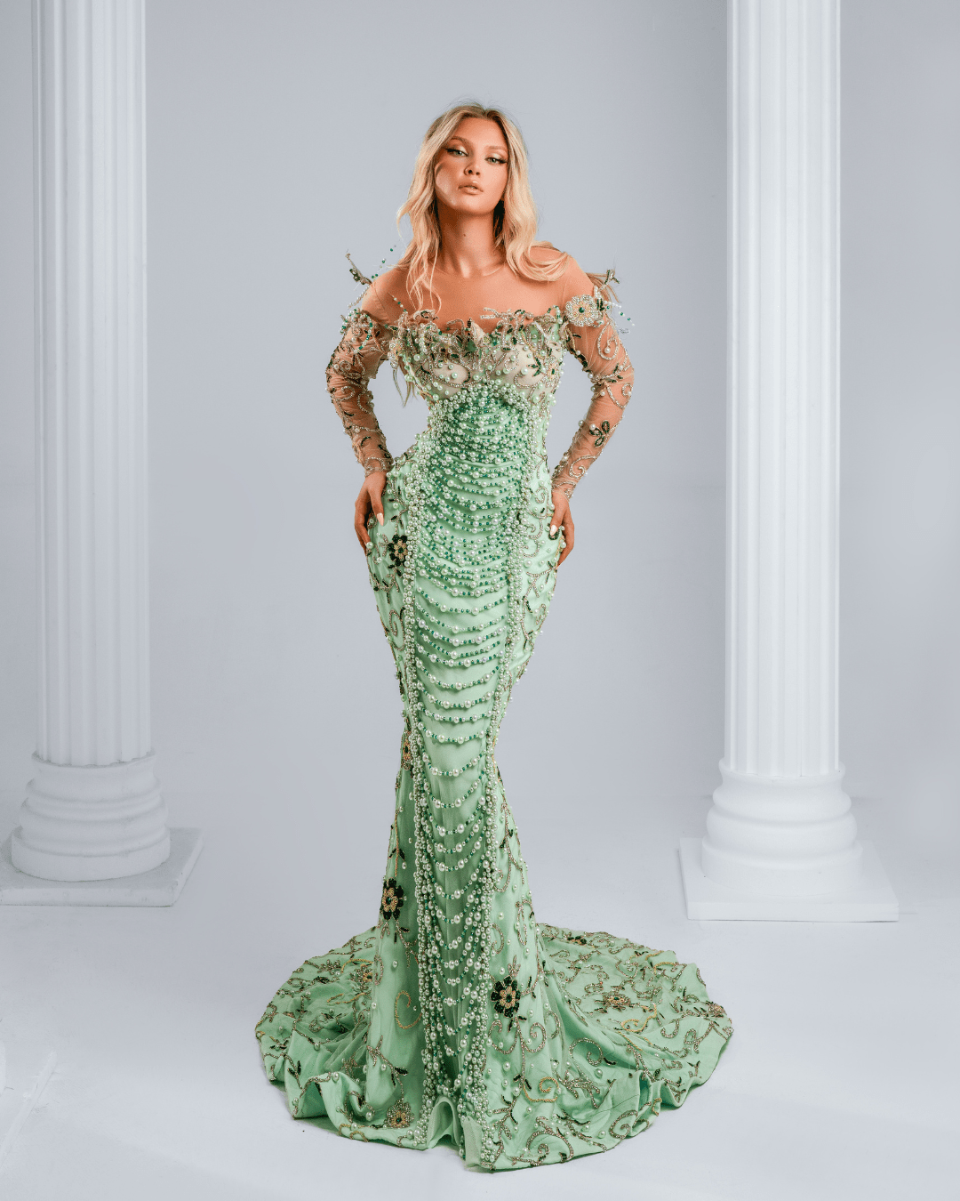 Talere Aqua Dress with Crystals and Pearls - BLINI