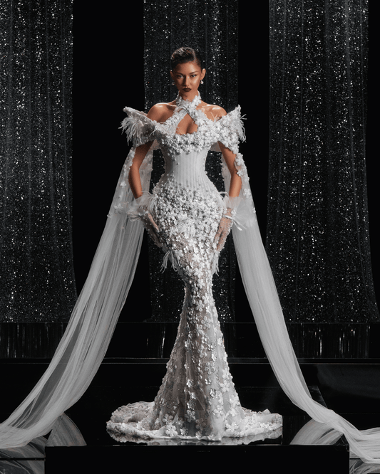 Talyane Bridal Dress with Side Capes and Flowers - BLINI