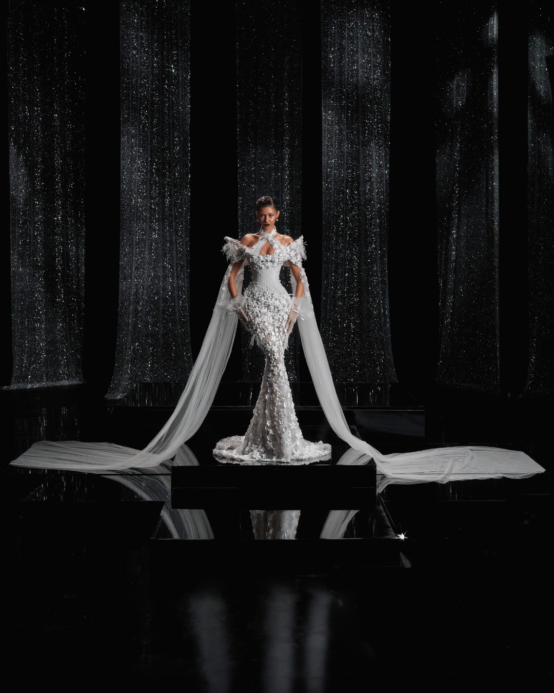 Talyane Bridal Dress with Side Capes and Flowers - BLINI