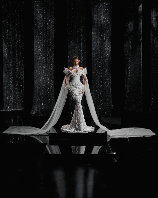 Talyane Bridal Dress with Side Capes and Flowers - BLINI