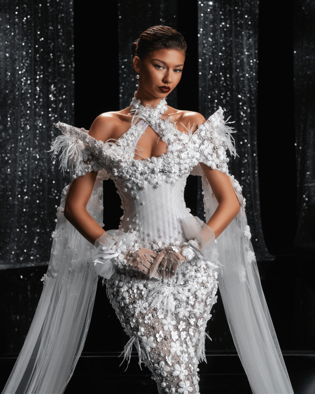 Talyane Bridal Dress with Side Capes and Flowers - BLINI