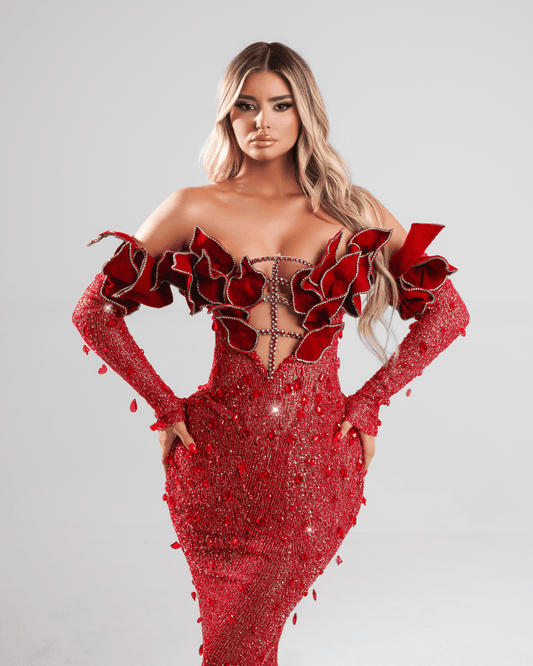 Tayres Red Dress with Crystals and Feathers - BLINI