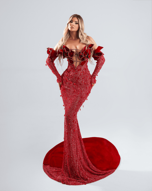 Tayres Red Dress with Crystals and Feathers - BLINI