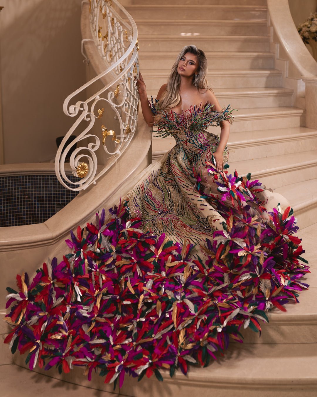 Theodora Colorful Dress with Feathers and Stones - BLINI