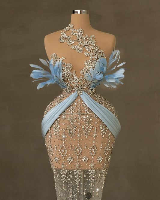 Tirosa Light Blue Dress with Crystals and Feathers - BLINI