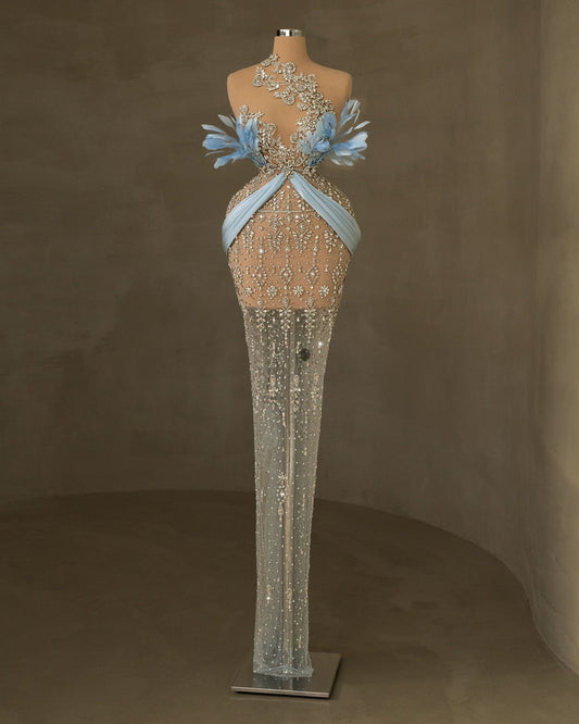 Tirosa Light Blue Dress with Crystals and Feathers - BLINI