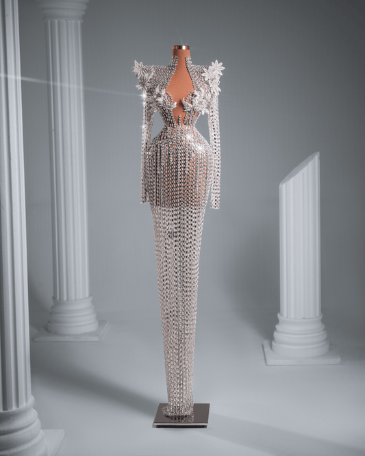 Toa Silver Long Dress with Crystals and Flowers - BLINI