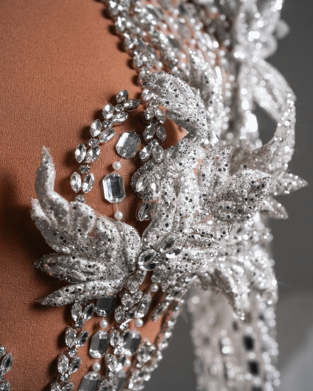 Toa Silver Long Dress with Crystals and Flowers - BLINI