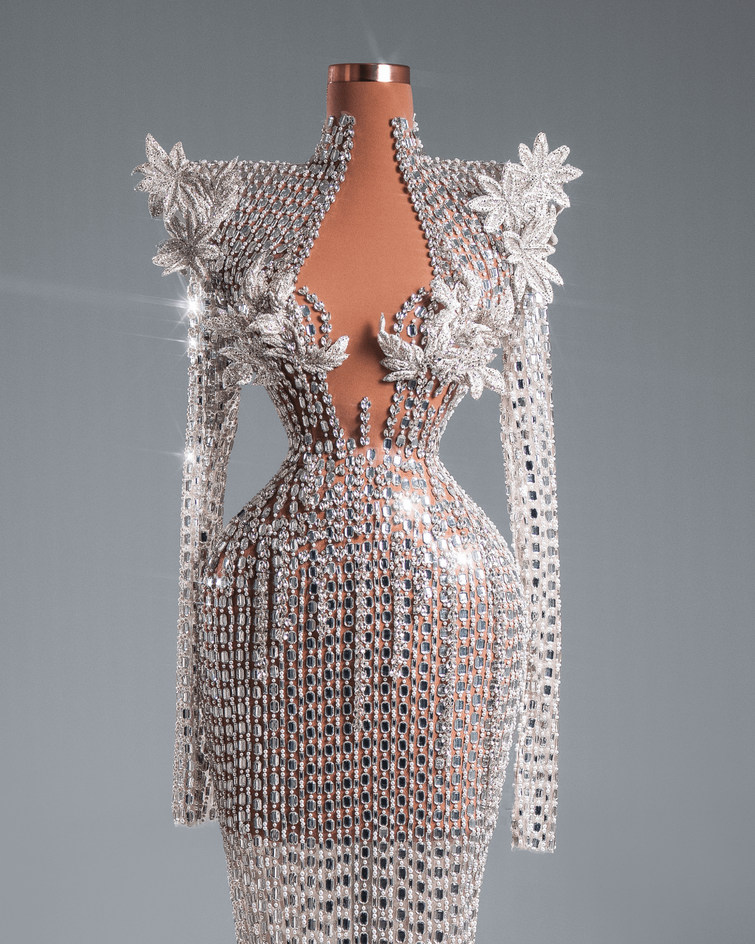 Toa Silver Long Dress with Crystals and Flowers - BLINI