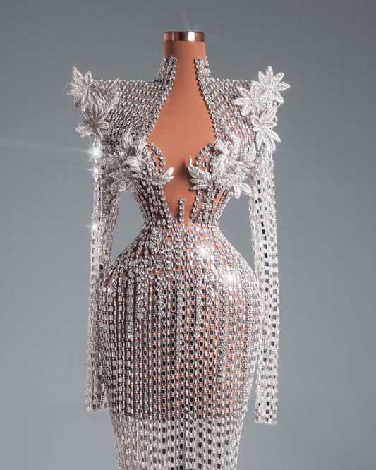 Toa Silver Long Dress with Crystals and Flowers - BLINI