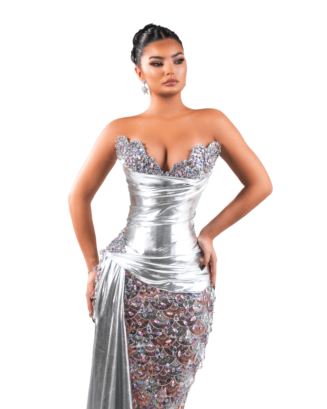 Trensy Silver Long Sleeveless Dress with Crystals and Metallic Leather - BLINI