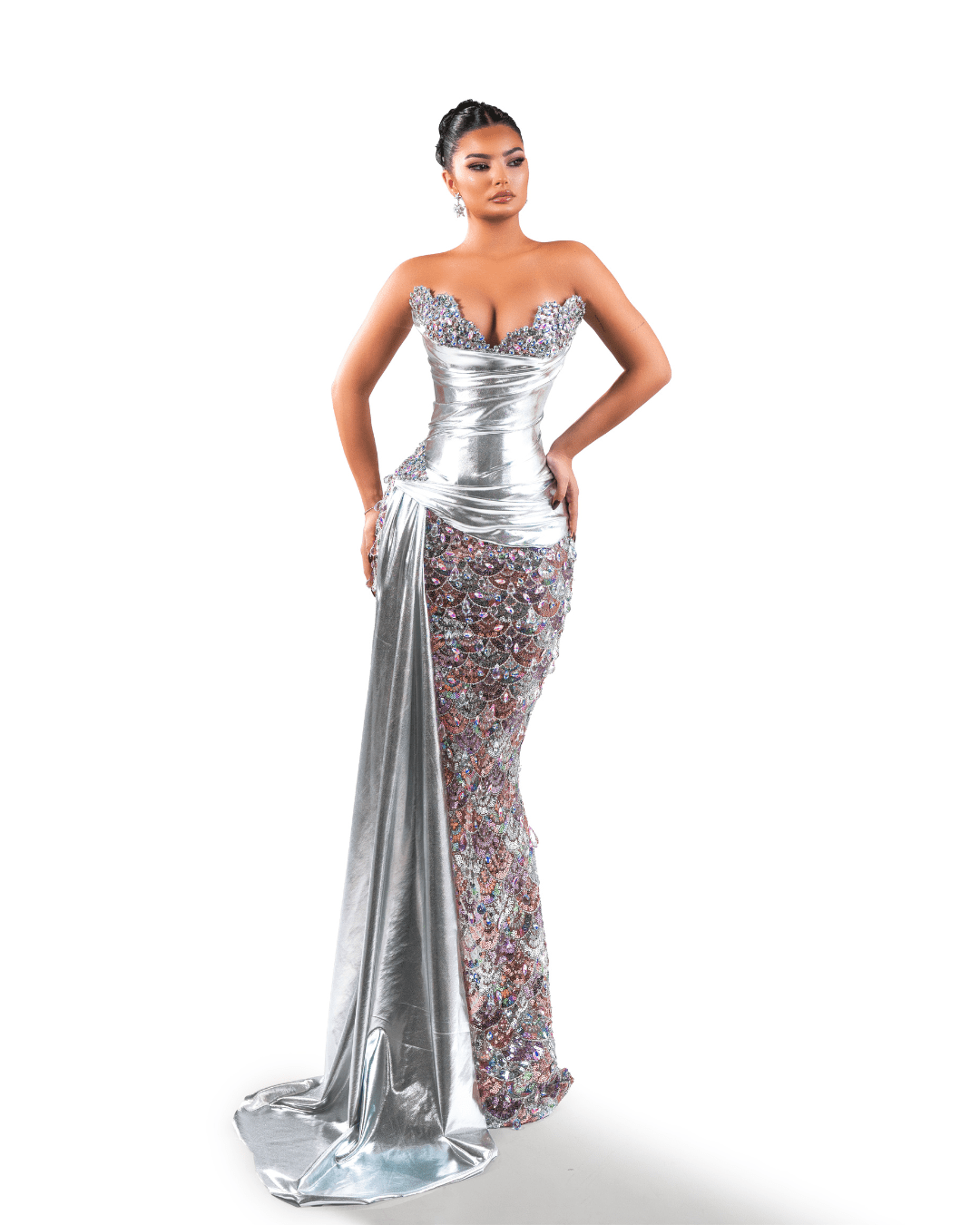Trensy Silver Long Sleeveless Dress with Crystals and Metallic Leather - BLINI