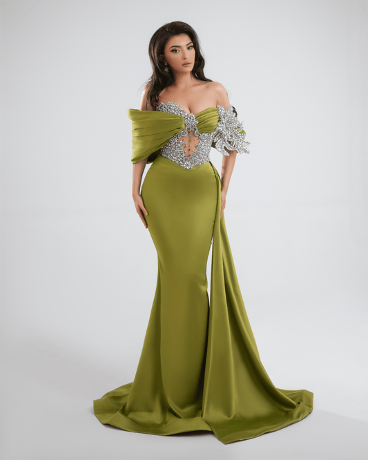 Unae Green Long Dress with Crystals and Side Cape - BLINI