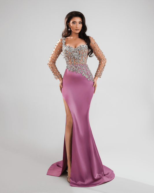 Unea PInk Long Dress with Crystals and Sleeves - BLINI